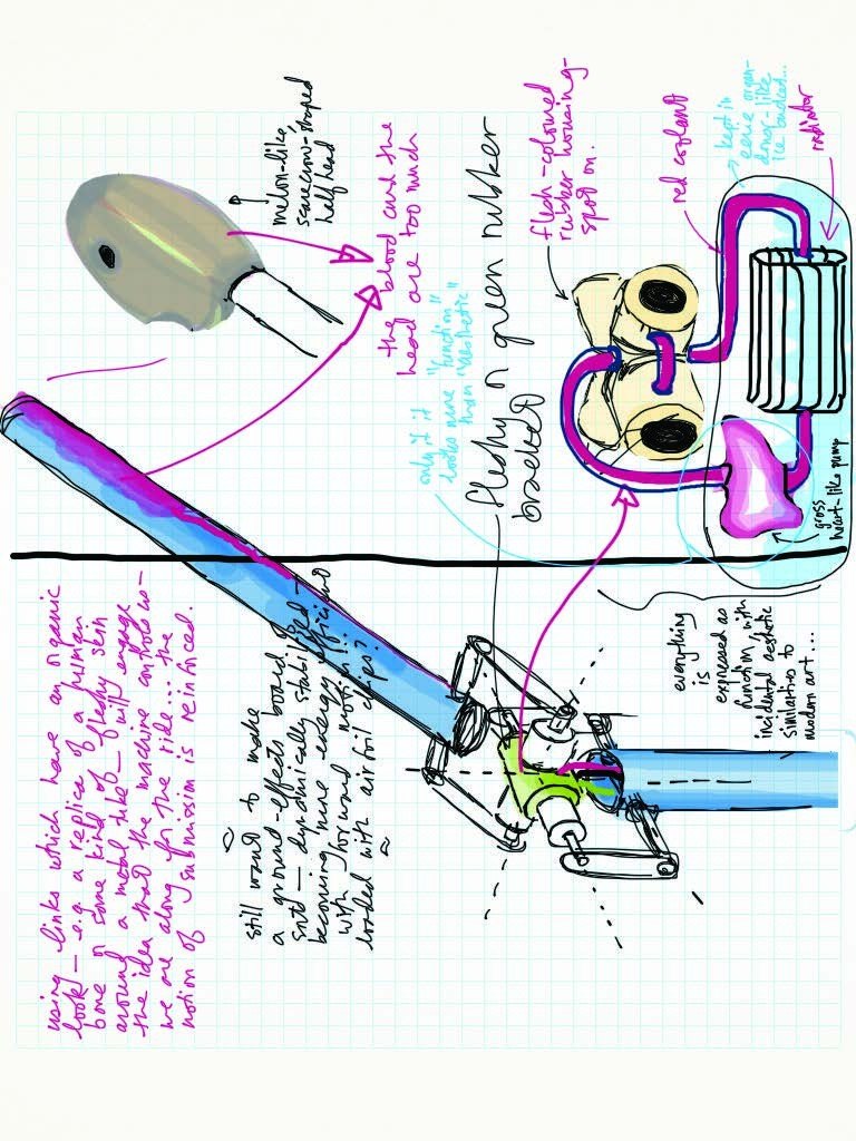 Hand-drawn concept sketch in pink, blue and green ink on grid paper, showing a limb mechanism with a melon-shaped head, rubber housing and pump, annotated throughout