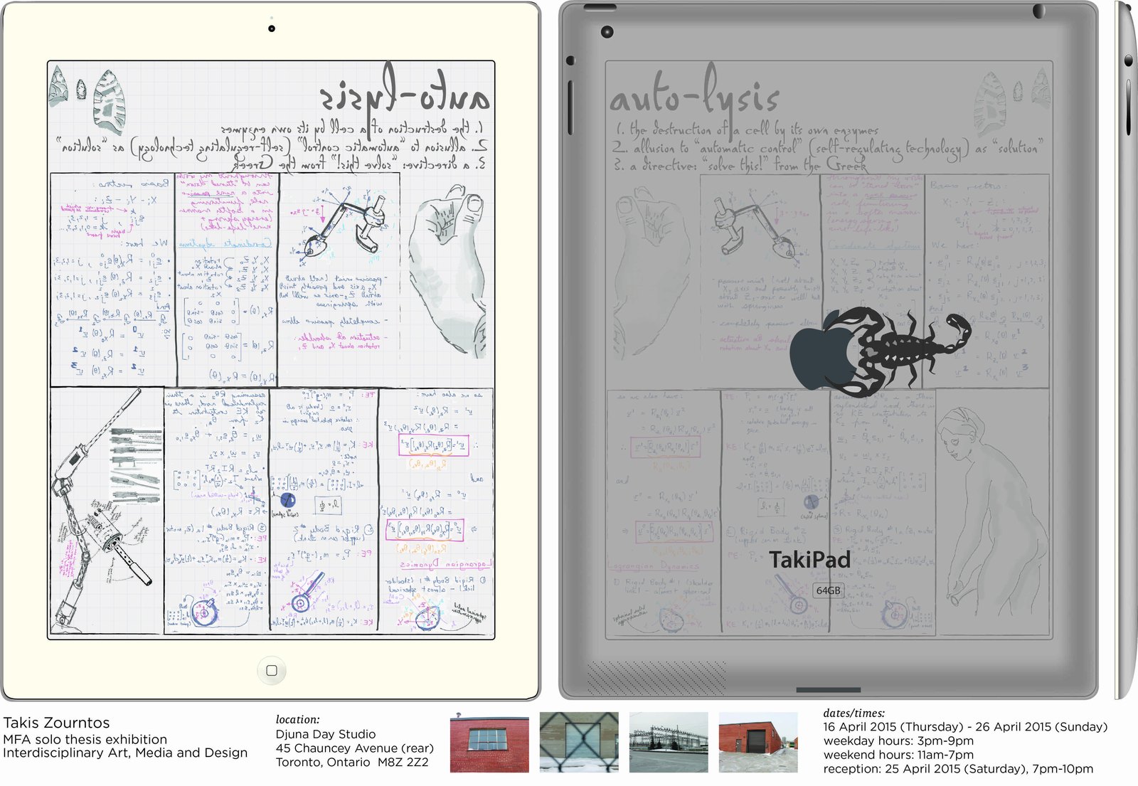 The auto-lysis exhibition poster: a tablet screen filled with handwritten robot kinematics, derivations and figure sketches, mirrored on the left and shown as a mock tablet product shot on the right