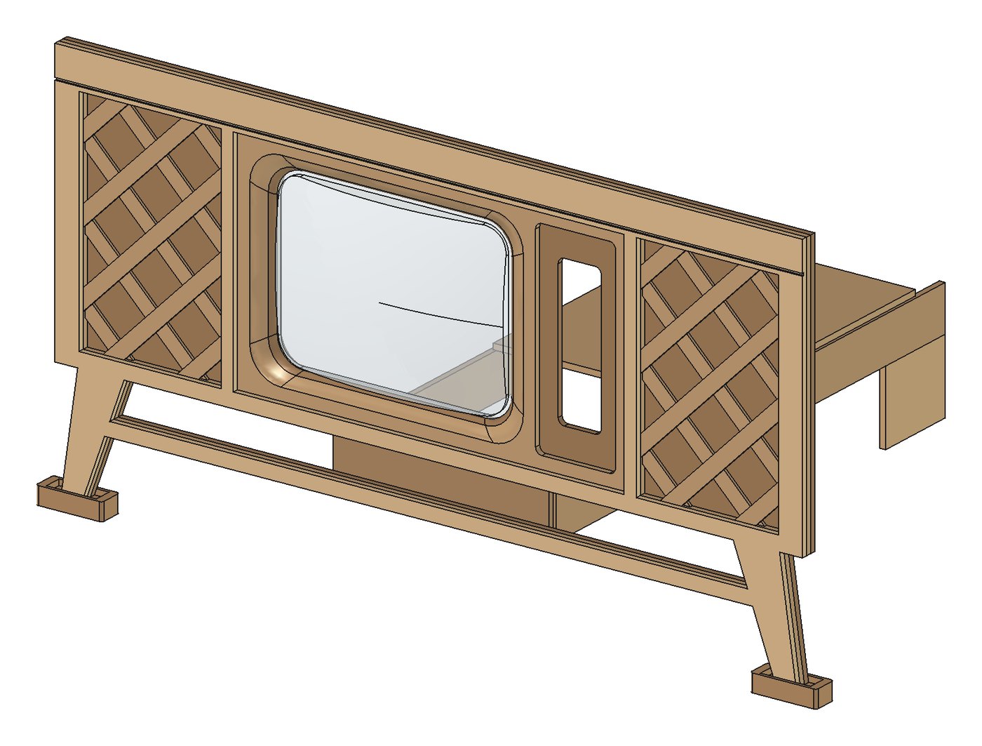 Isometric CAD render of the mock console television cabinet, showing the lattice speaker grilles and rounded screen aperture