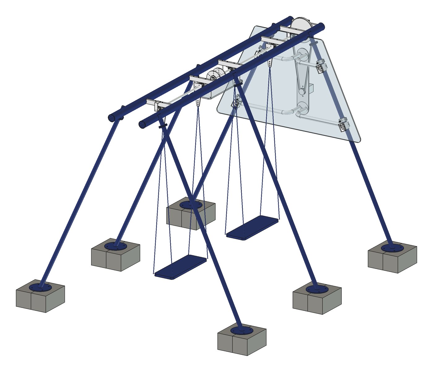 Isometric CAD render of the swing rig: two long top tubes on six splayed legs, four seats hanging on chains, base plates on concrete footings